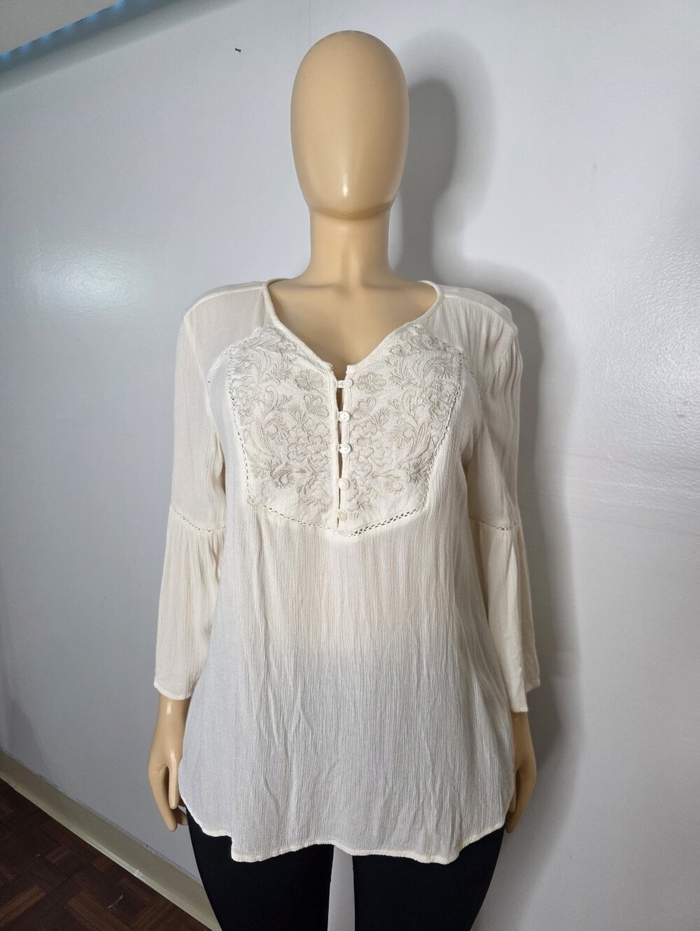 Style & Co. Cream Embroidered Peasant Blouse Size US/M